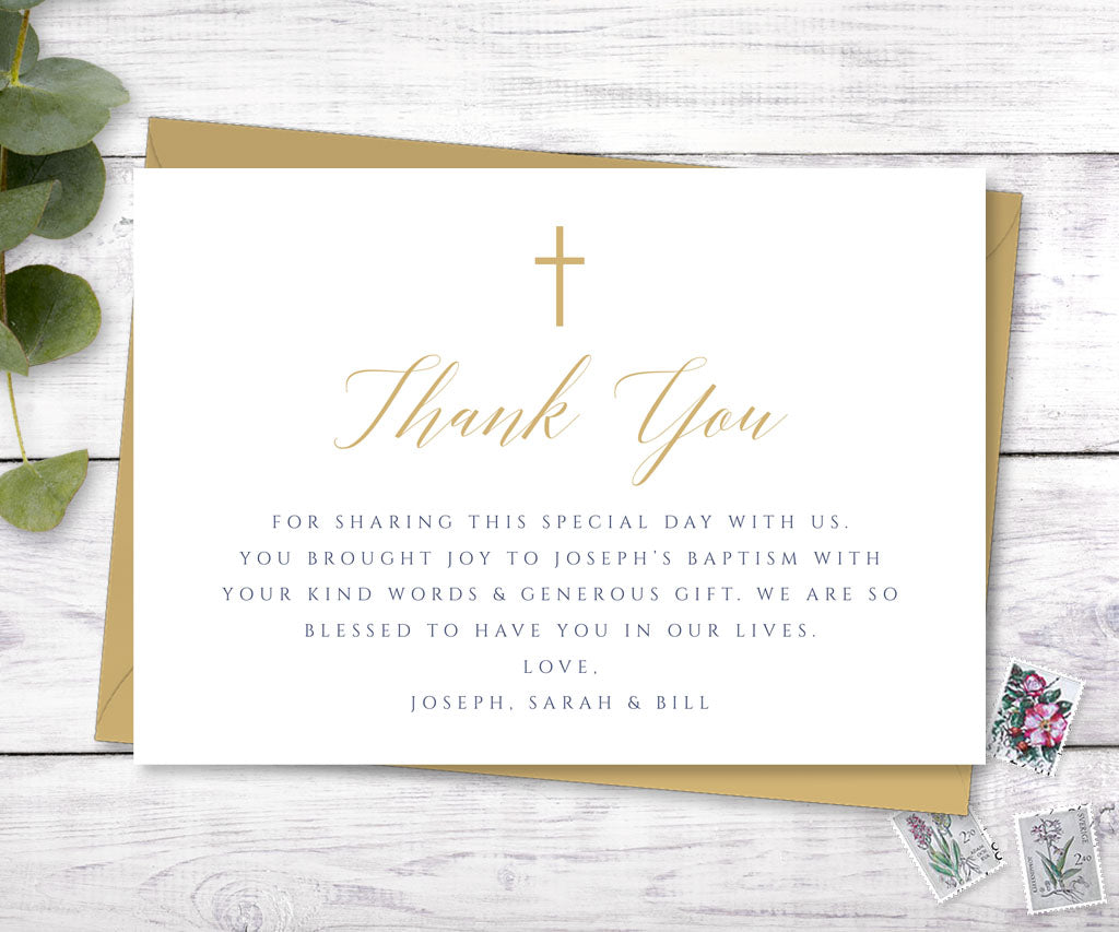 Modern minimalist baptism thank you card in gold and navy.