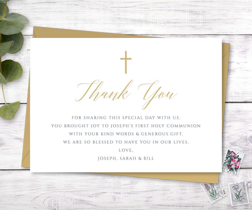 Modern minimalist first communion flat thank you card in gold and navy blue.