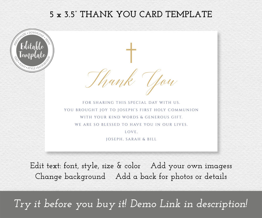 Modern minimalist first communion flat thank you card template.