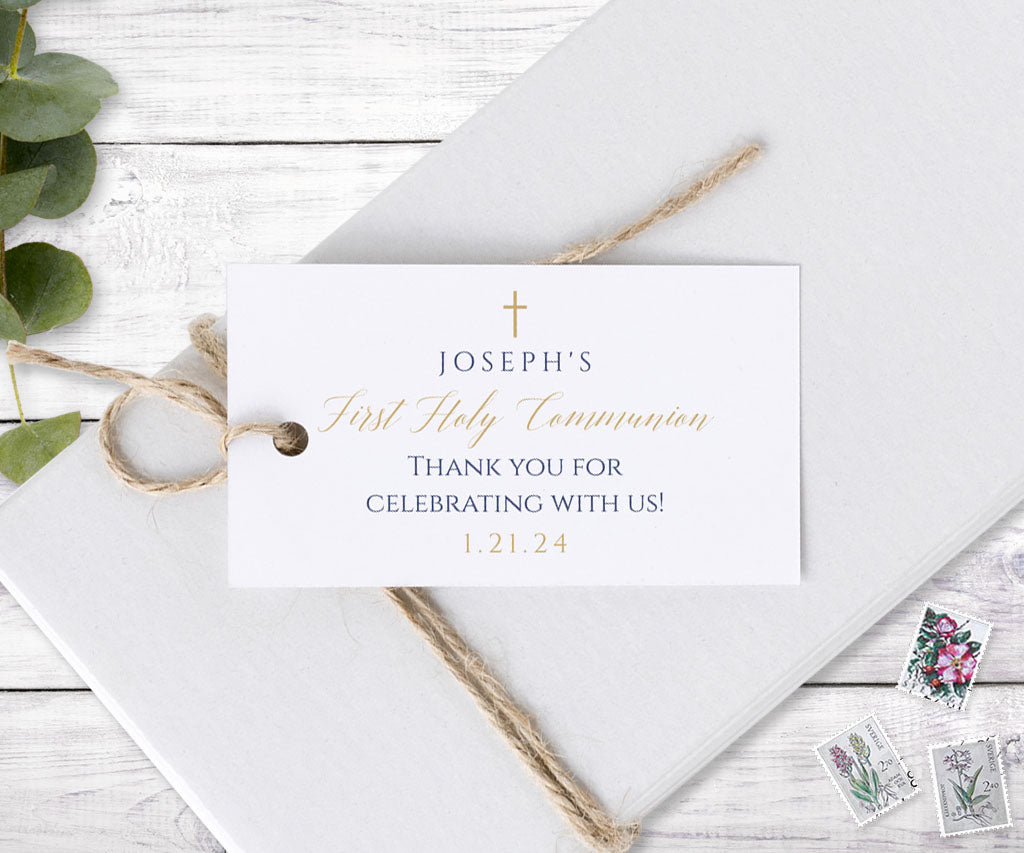 Modern minimalist horizontal first communion favor tag in gold and navy blue.