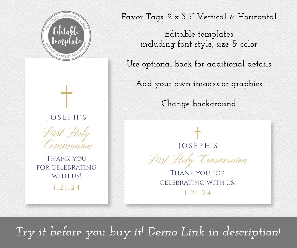 Modern minimallist first holy communion favor tag templates.