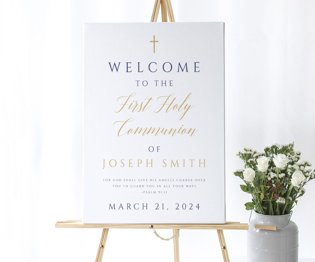 Modern minimalist first holy communion welcome sign on easel.