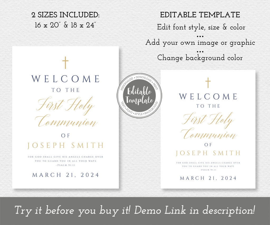 Modern minimalist first holy communion welcome sign templates in gold and navy blue.
