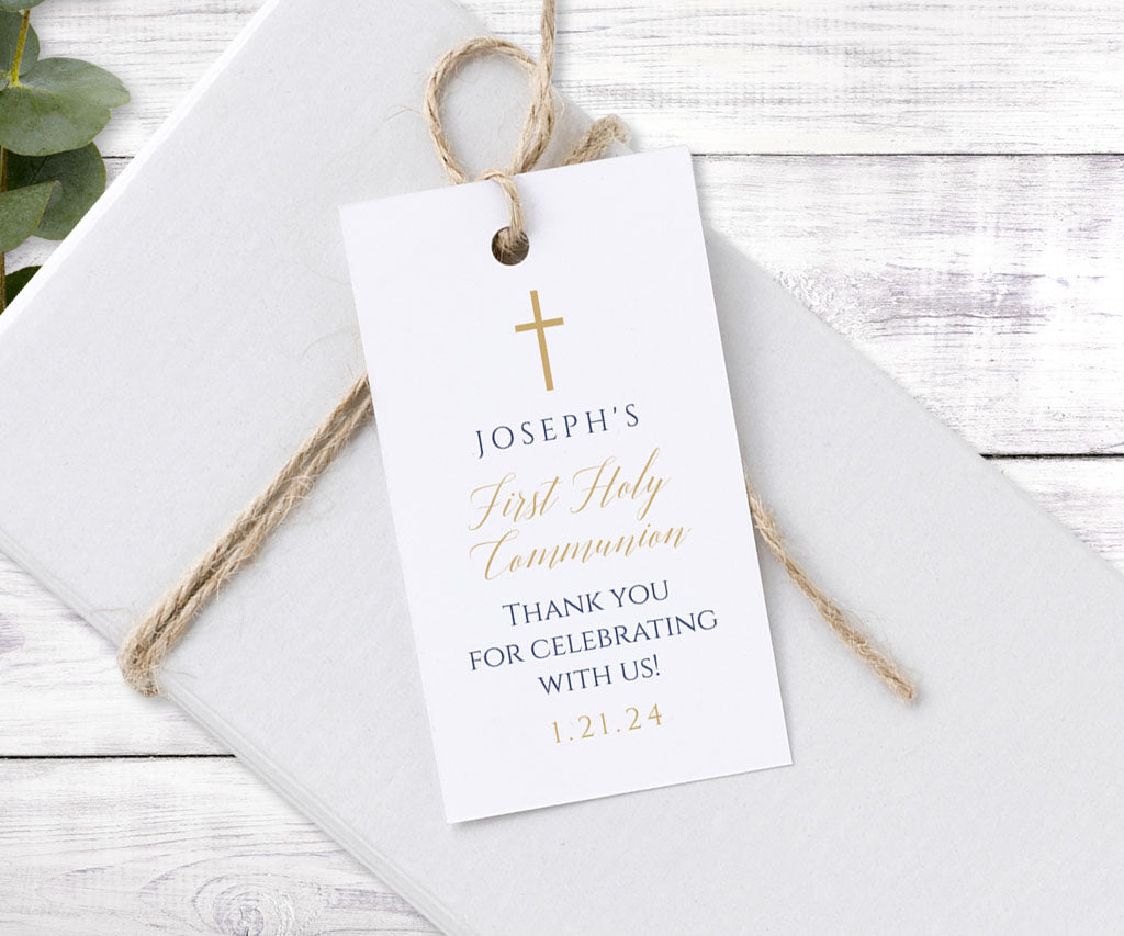 Modern minimalist vertical first communion favor tag in gold and navy blue.
