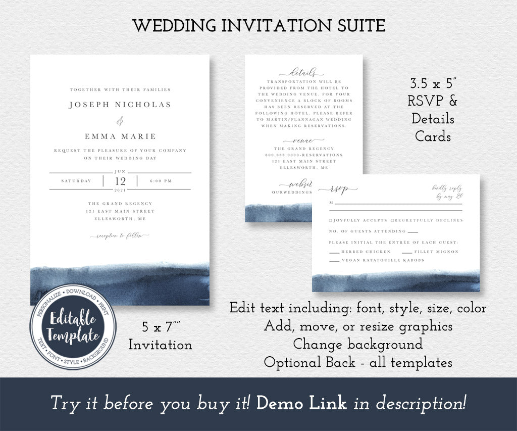 Modern wedding invitation, details card, rsvp card editable templates.