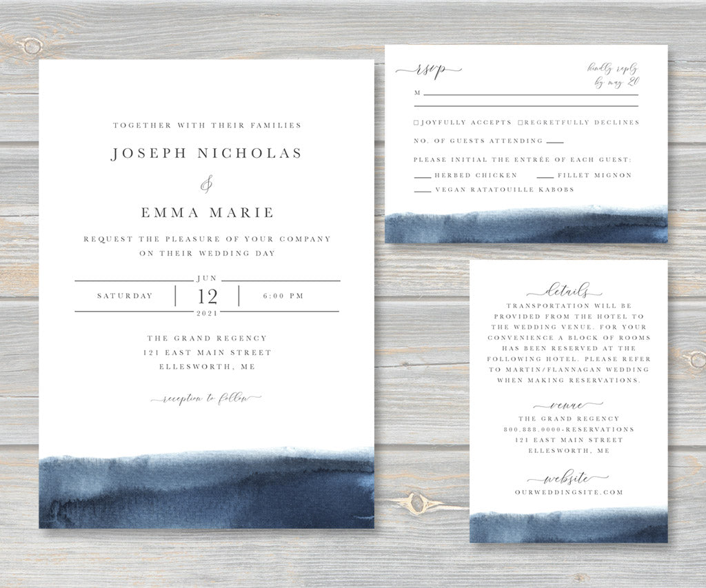 Modern wedding invitation suite with rsvp and details cards.