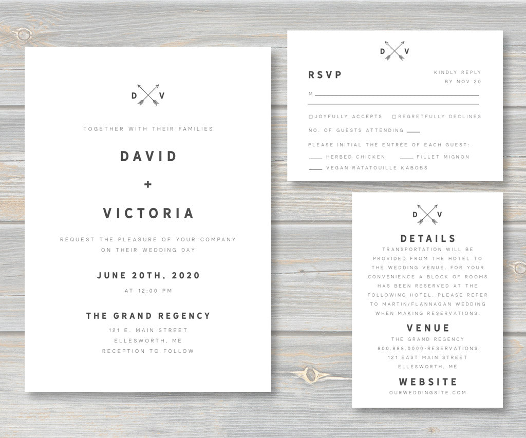 Modern wedding invitation, rsvp & details card.