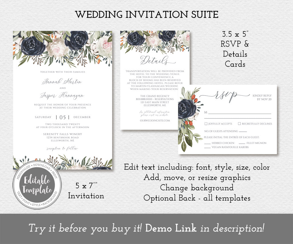 Moody floral wedding invitation suite including RSVP and Details cards, editable templates.