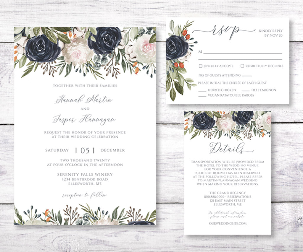 Moody floral wedding invitation suite including RSVP and Details cards.
