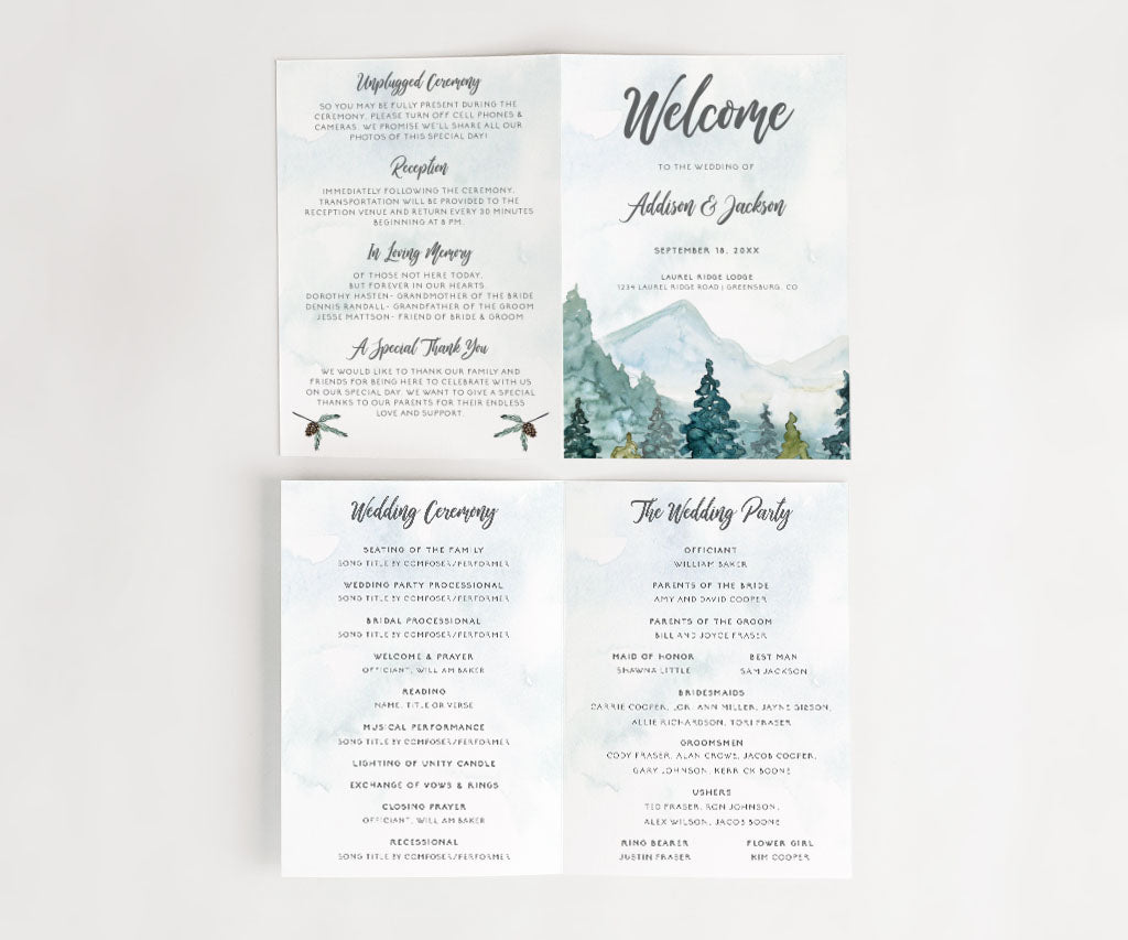 Mountain and pine forest adventure folded wedding program inside and outside template.