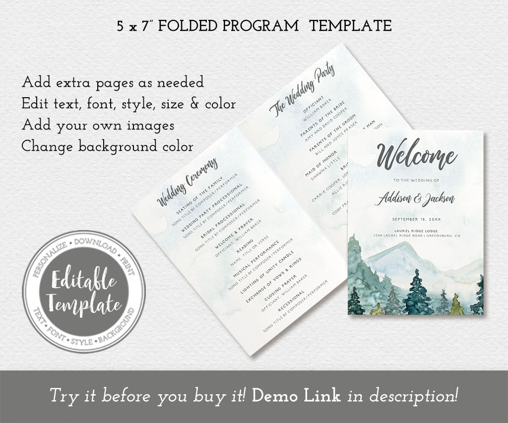 Mountain and pine forest adventure folded wedding program editable template.