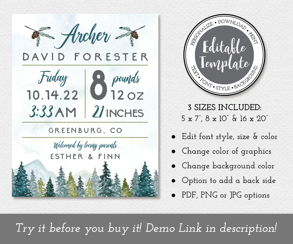 mountain and trees adventure birth stats editable template