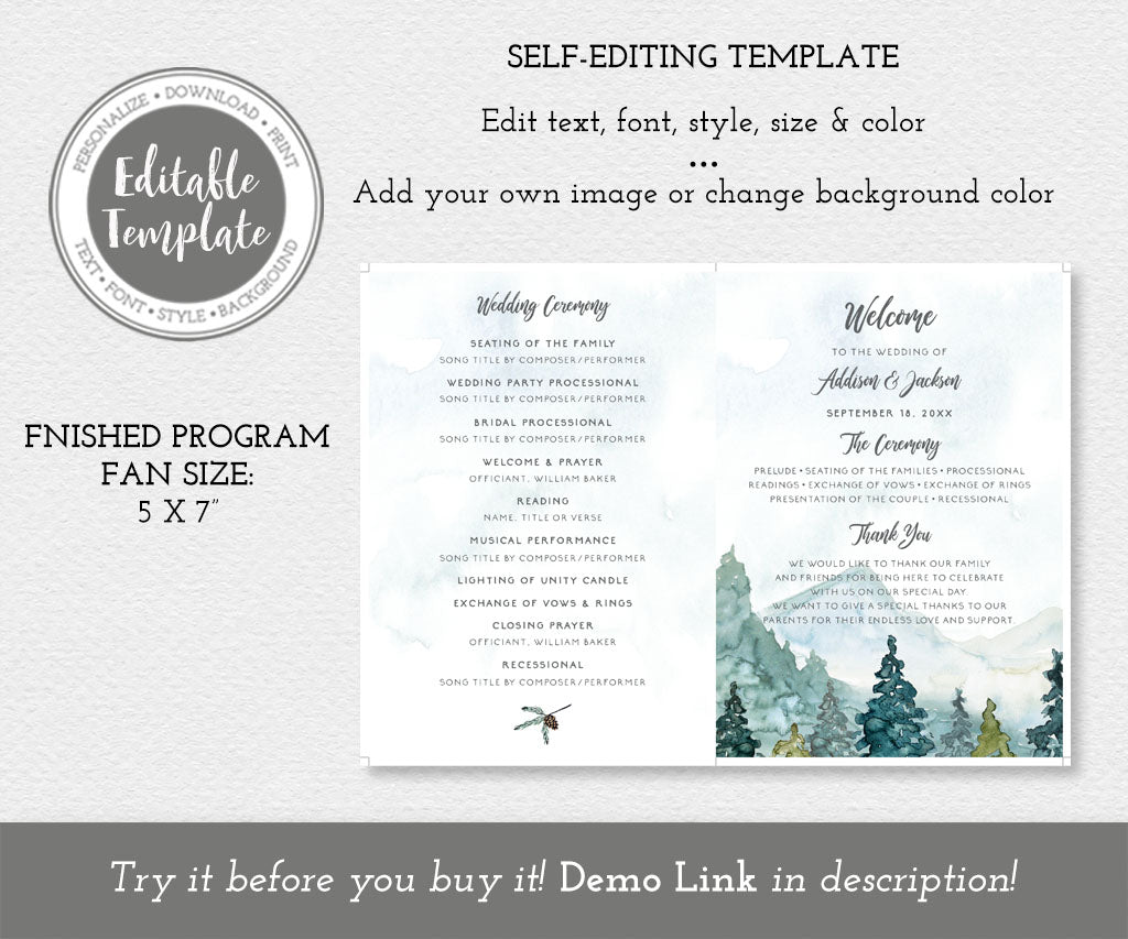 Mountains adventure wedding program fan editable template.