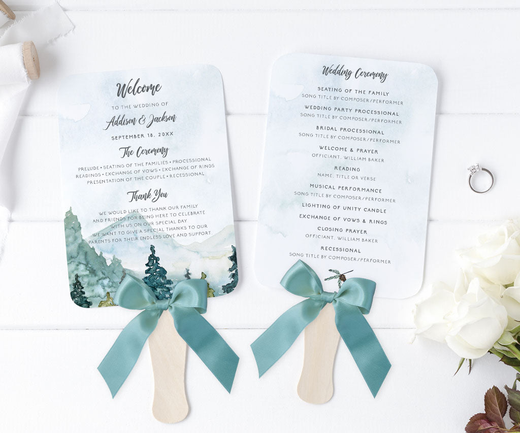 Mountains adventure wedding program fan.