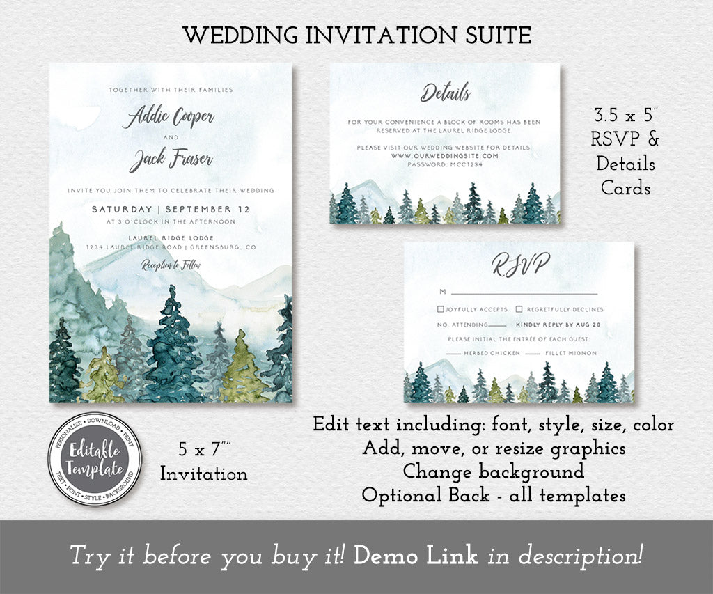 Forest and mountains wedding invitation invitation, rsvp card, details card templates.