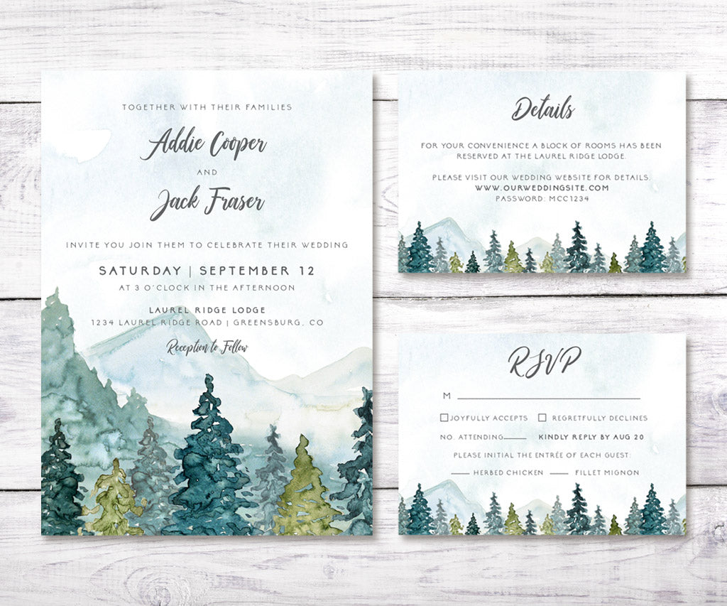 Forest and mountains wedding invitation invitation, rsvp card, details card.