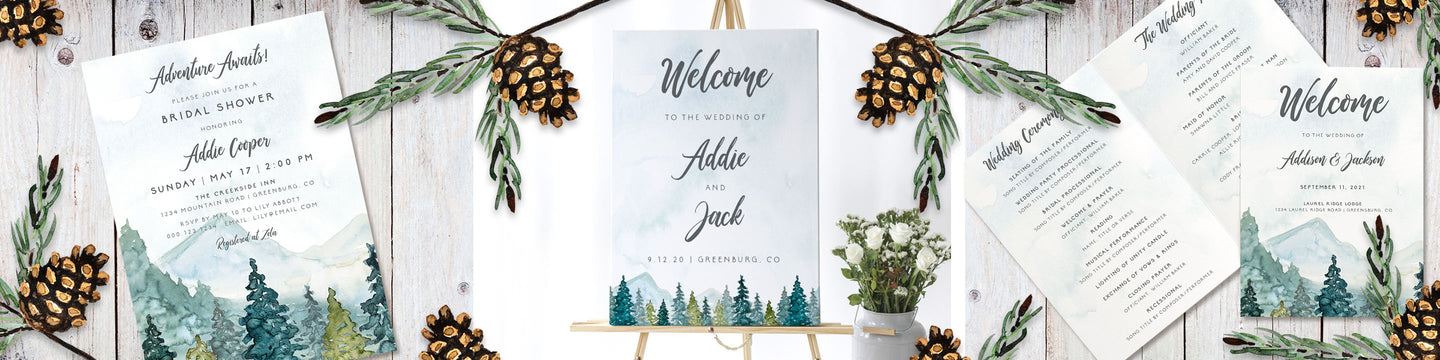 Mountains and forest wedding printables banner.