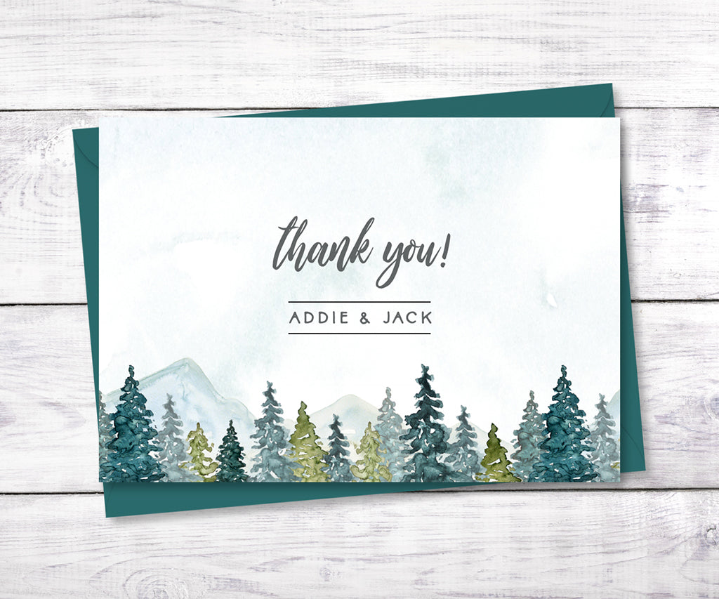 Mountains and forest wedding or shower thank you card.