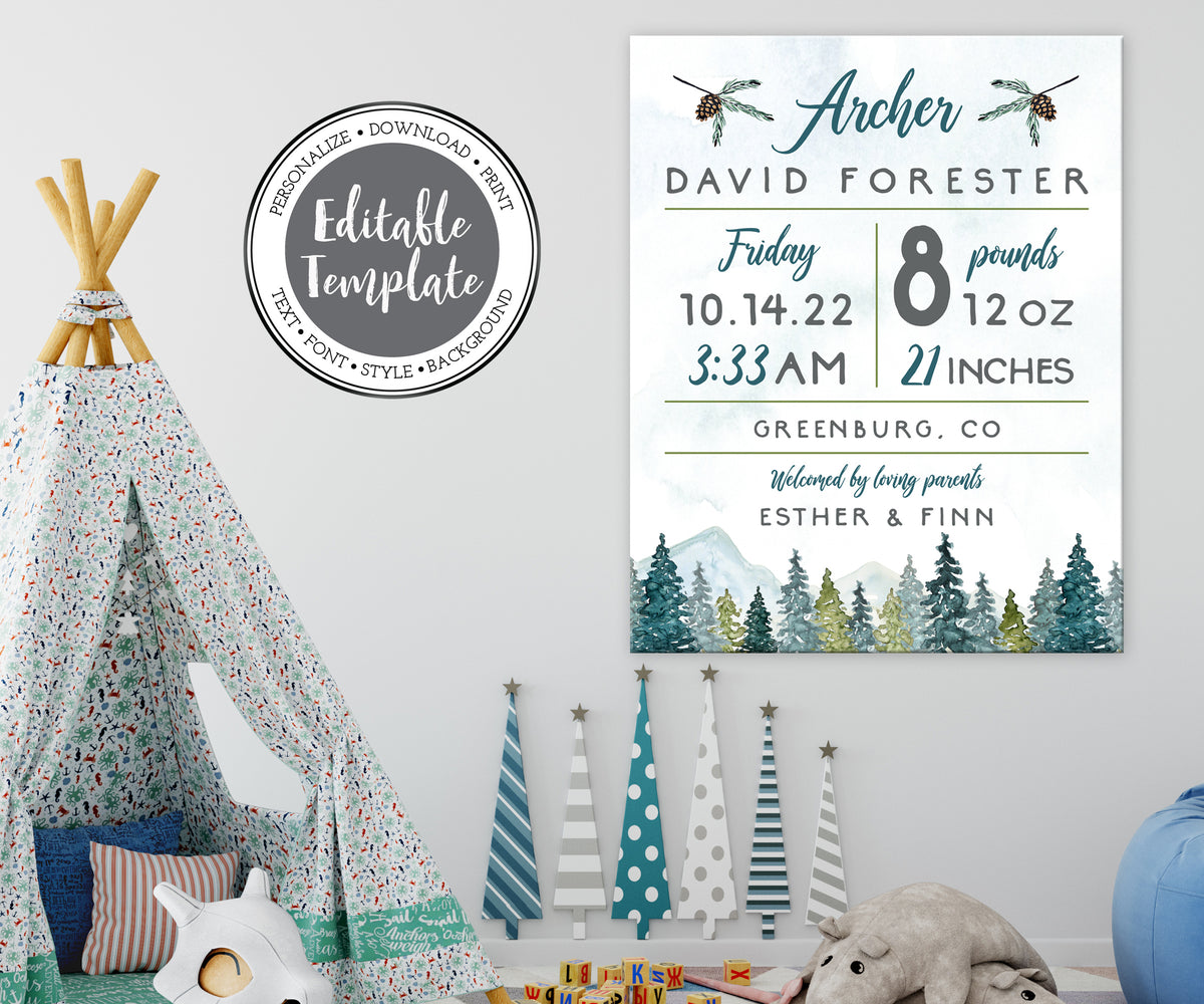 mountain and trees adventure birth stats nursery wall art