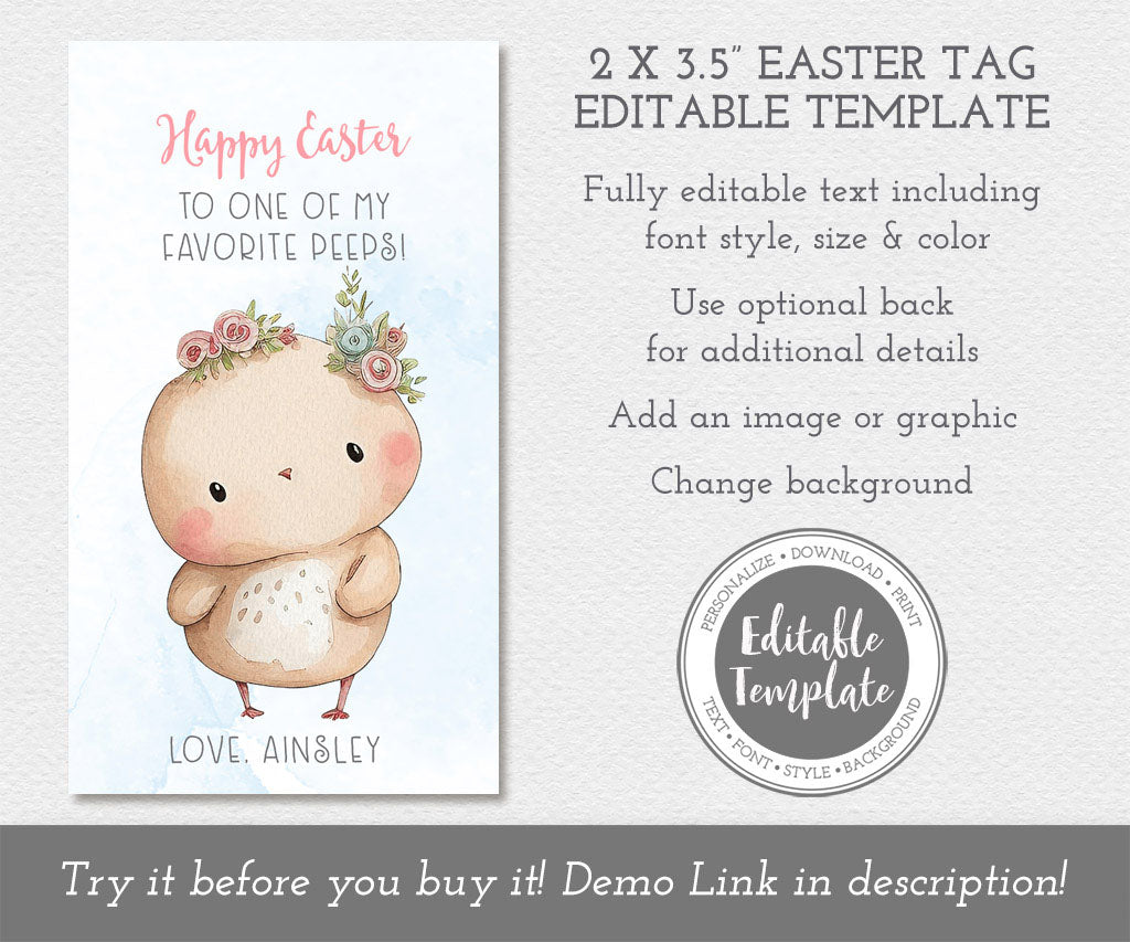2 x 3.5" easter tag editable template with a cute baby chick little peep.