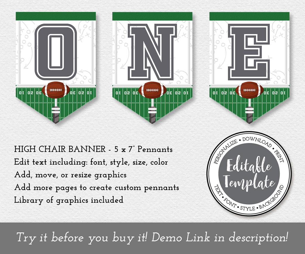 One 1st birthday football high chair banner editable template.