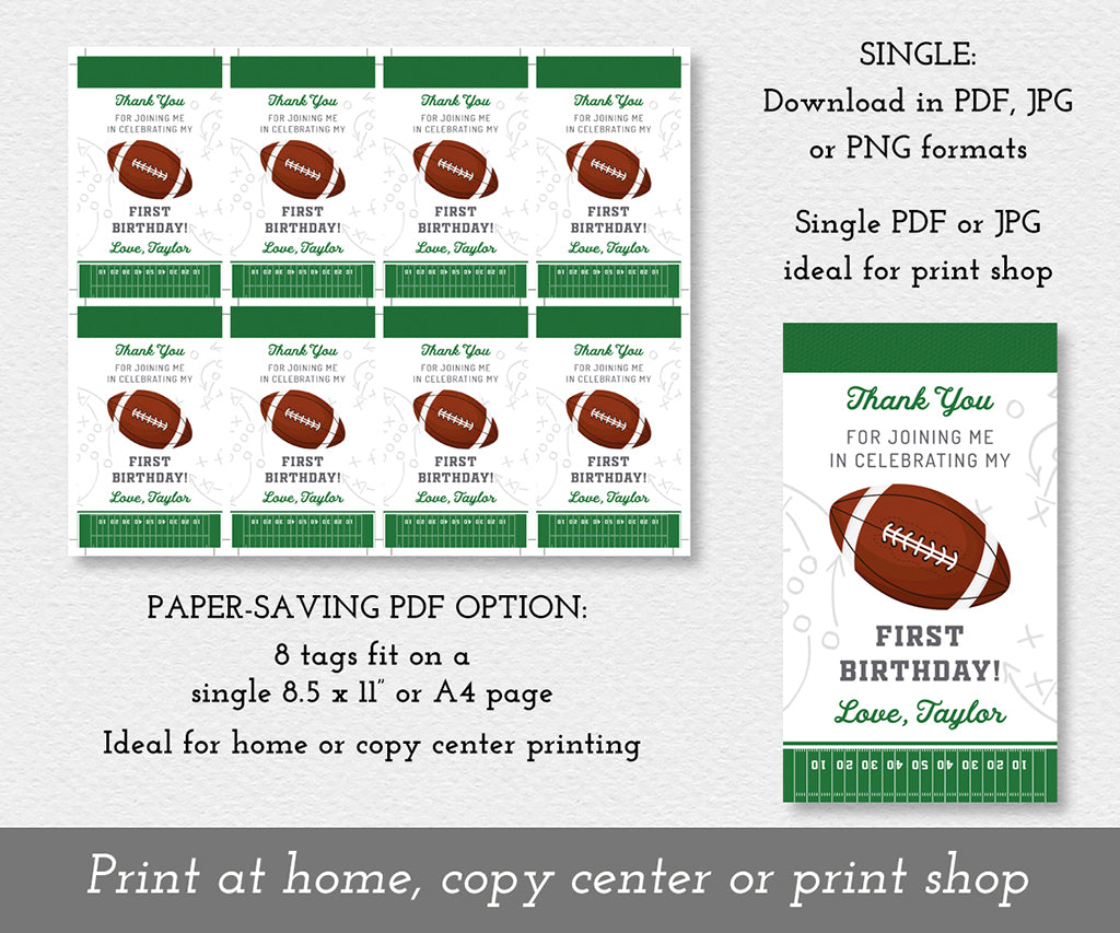 Download options for first birthday rectangular football favor tag template.