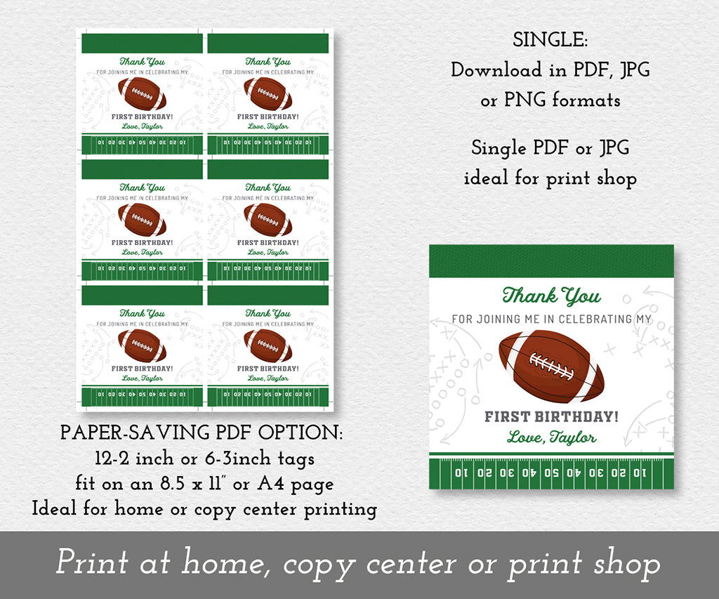 Paper saving download option football first birthday round and square favor tags.