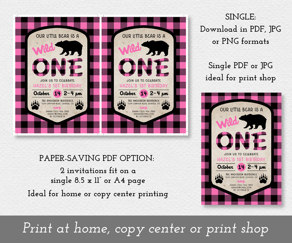 Paper saver download for pink plaid wild one 1st birthday invitation printable.