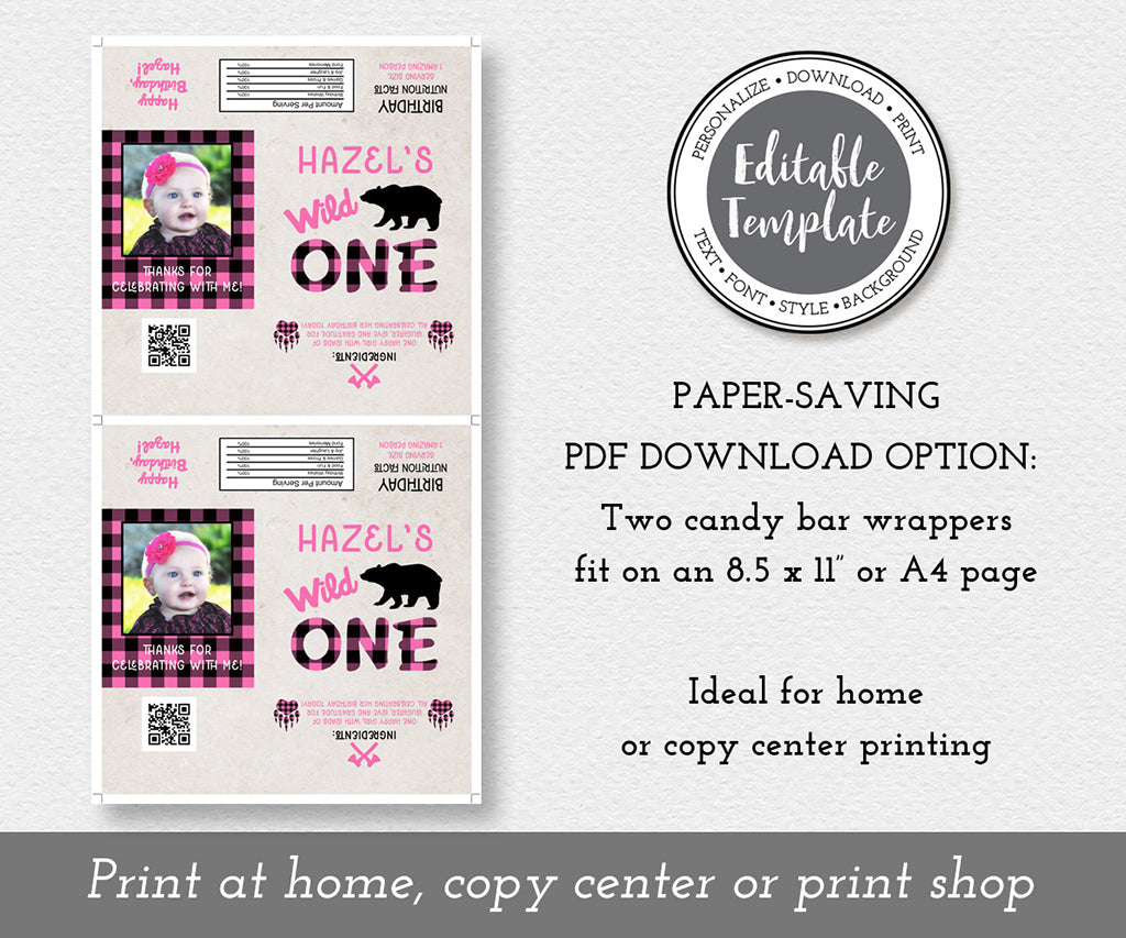 paper saving download option for pink buffalo plaid wild one birthday candy bar wrapper templates