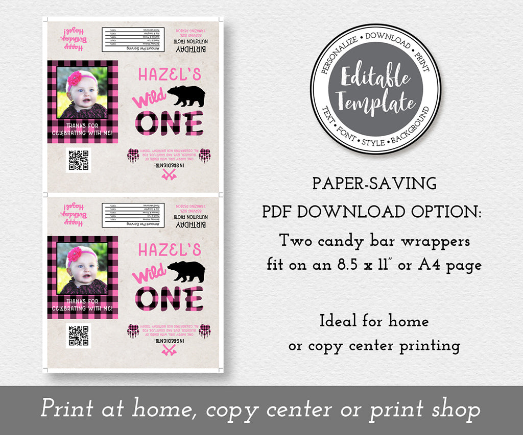 Paper saving download option for pink buffalo plaid wild one birthday candy bar wrapper templates.