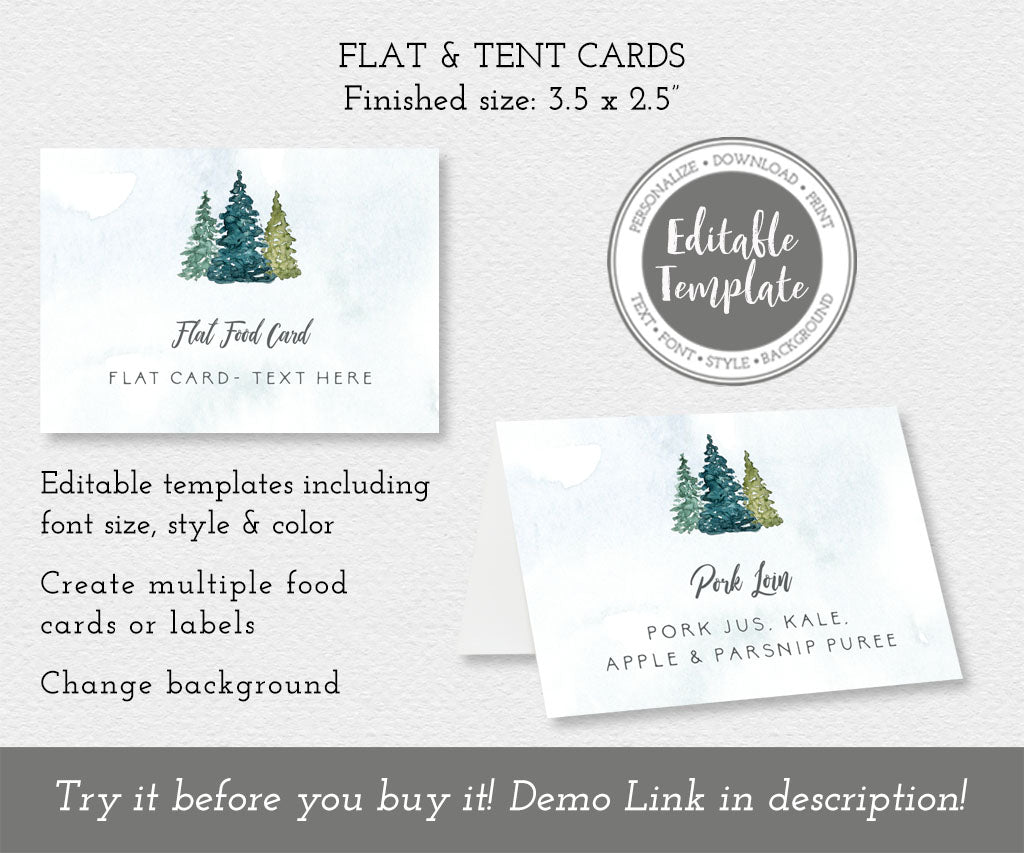 Pine trees food cards, flat and folded editable templates for adventure baby shower.