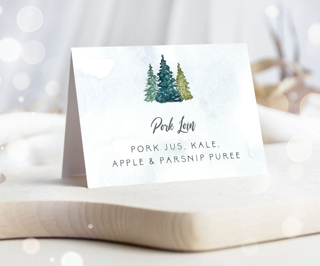 Pine tree food tent cards for rustic wedding or shower.