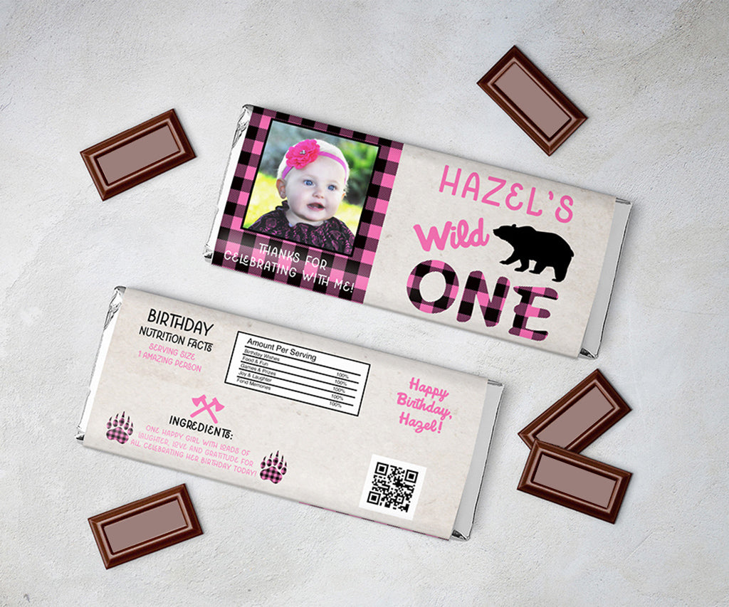 Pink buffalo plaid wild one birthday candy bar wrappers front and back.