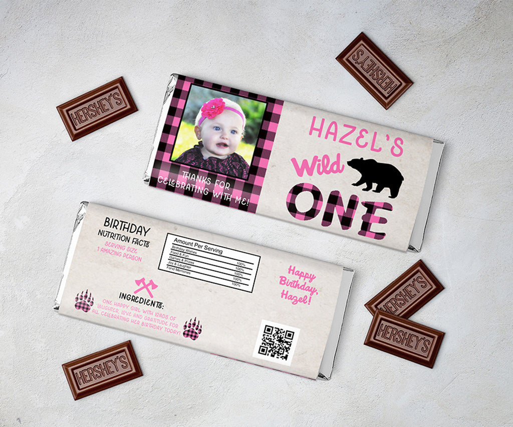 Pink buffalo plaid wild one candy bar wrapper front and back.