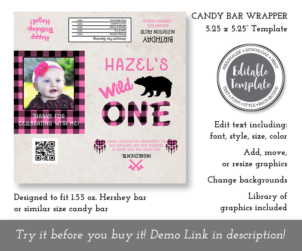pink buffalo plaid wild one birthday candy bar wrapper template