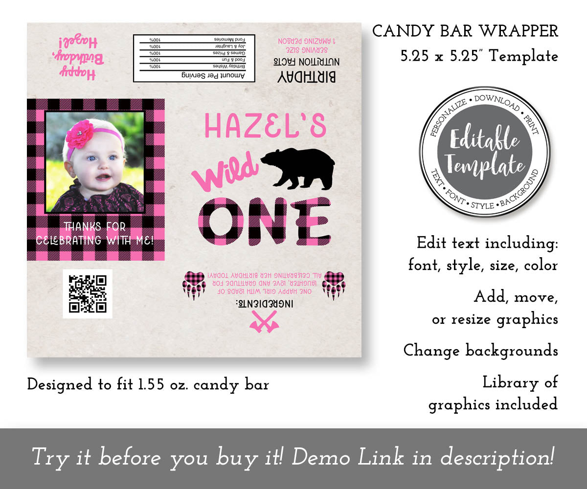 Pink plaid wild one birthday candy bar wrapper editable template.