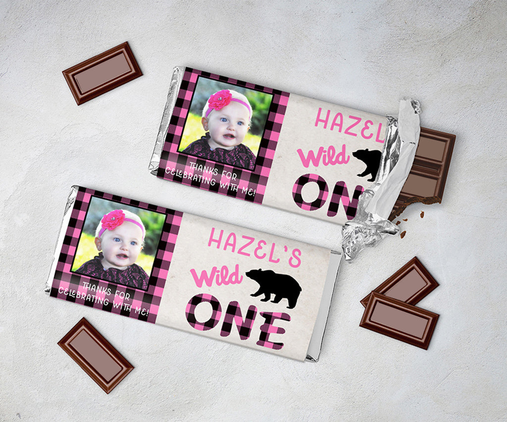 Pink plaid wild one birthday candy bar wrapper.