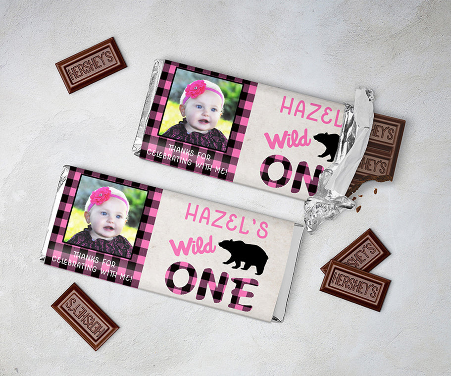 pink buffalo plaid wild one birthday candy bar wrappers