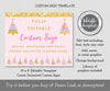 Pink and gold custom party sign editable template with snowflakes and Christmas trees, 10 x 8 inch landscape.