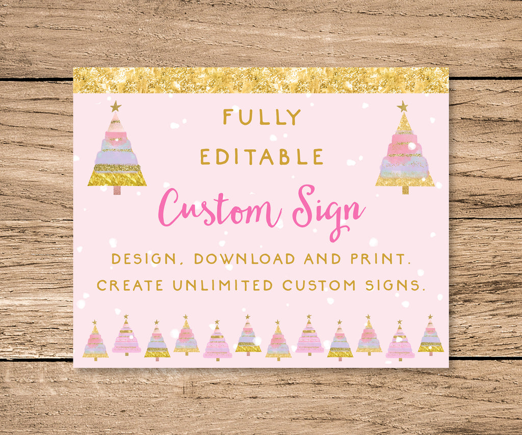 Pink and gold custom party sign with snowflakes and Christmas trees, 10 x 8 inch landscape.