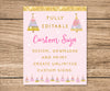 Pink and gold winter birthday party custom sign with snowflakes and Christmas trees, 8 x 10" portrait.