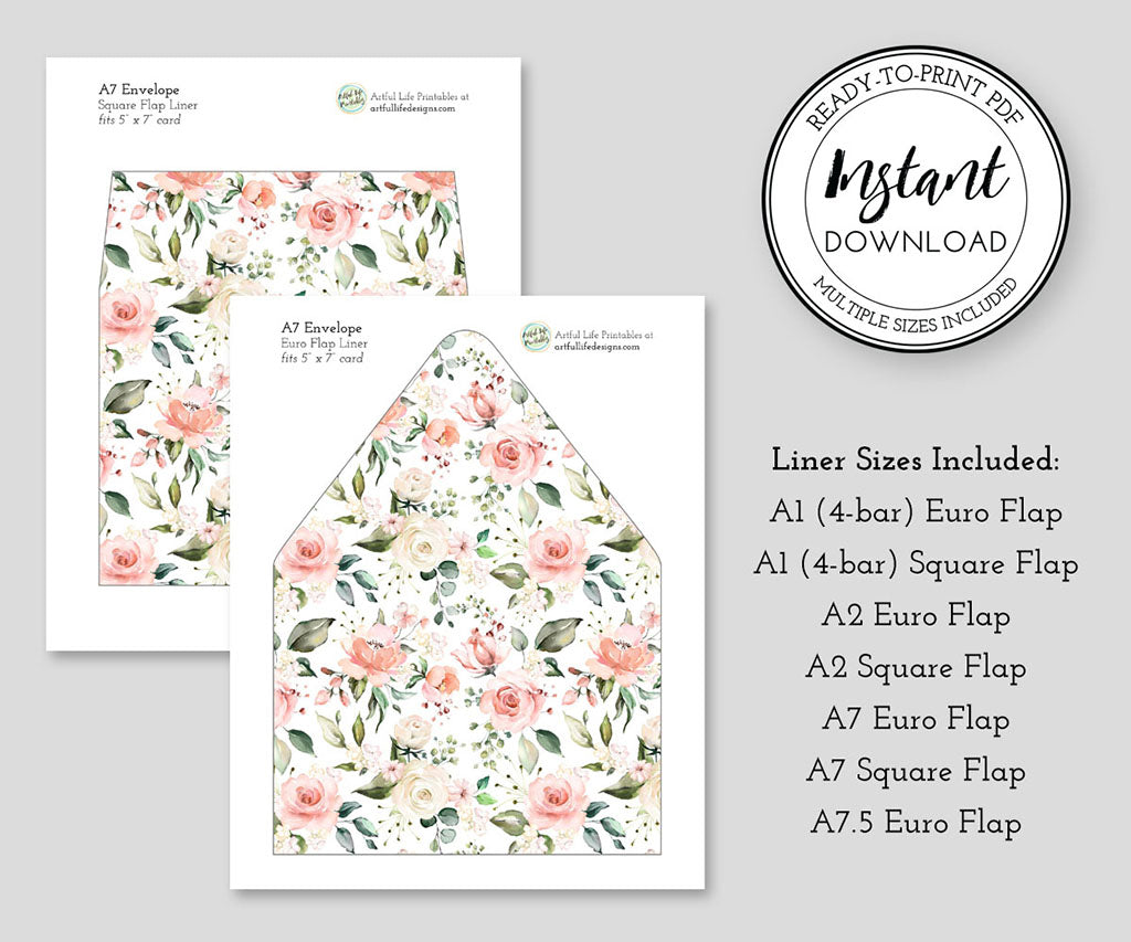 Pink and white floral invitation envelope liners printable.