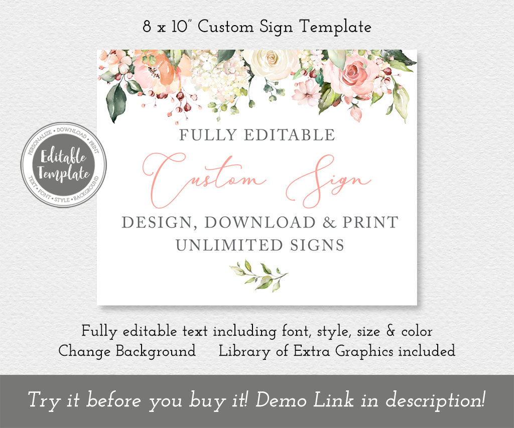 Pink and white floral 10 x 8 inch landscape custom sign editable template to create unlimited custom signs.