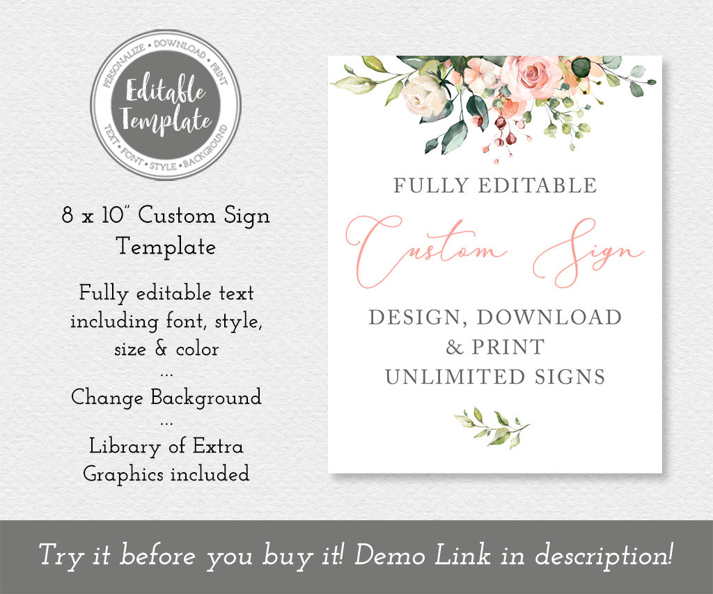 Pink and white floral portrait custom sign editable template to create unlimited signs.