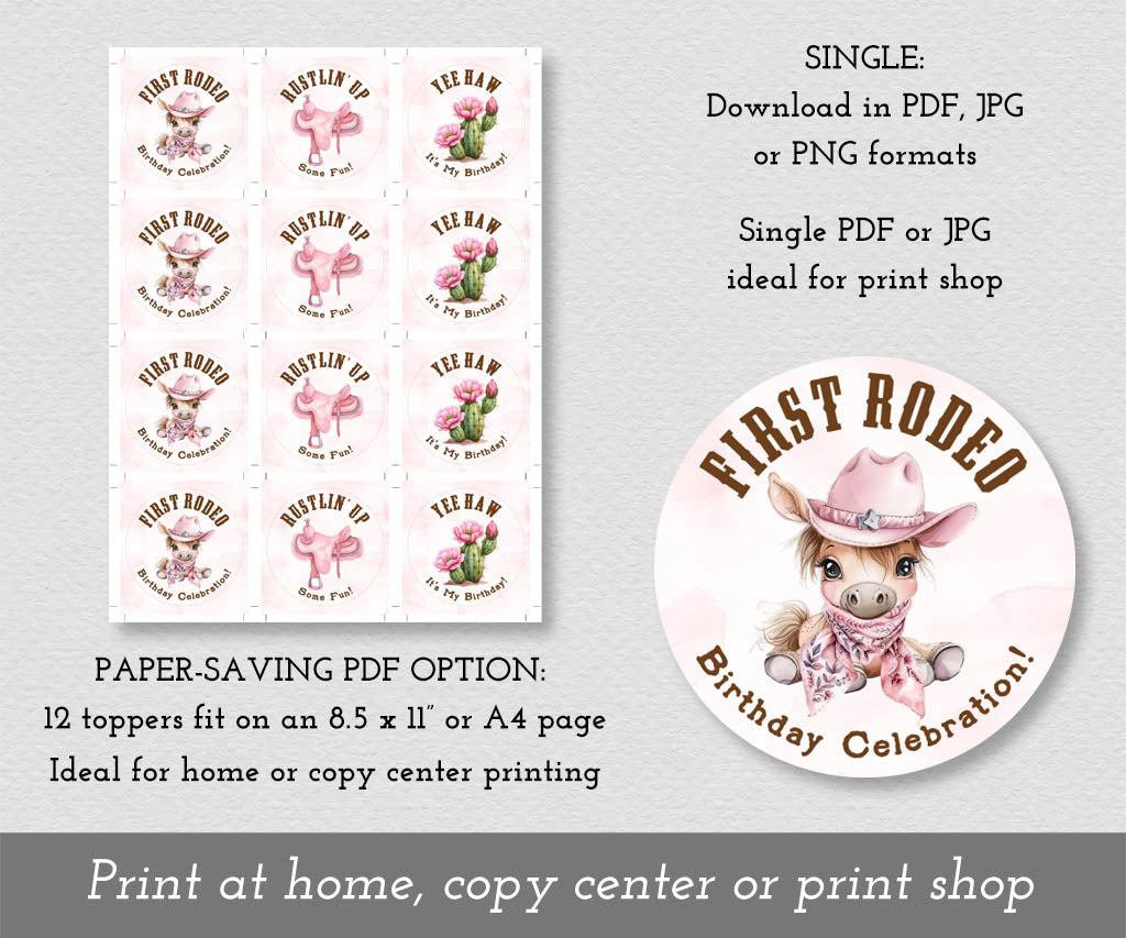 Pink and brown first rodeo birthday cupcake toppers full sheet and single download options. 