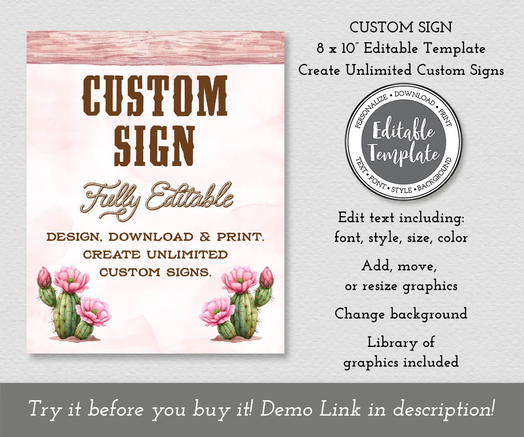 Pink and brown western cowgirl birthday 8x10 custom sign editable template.