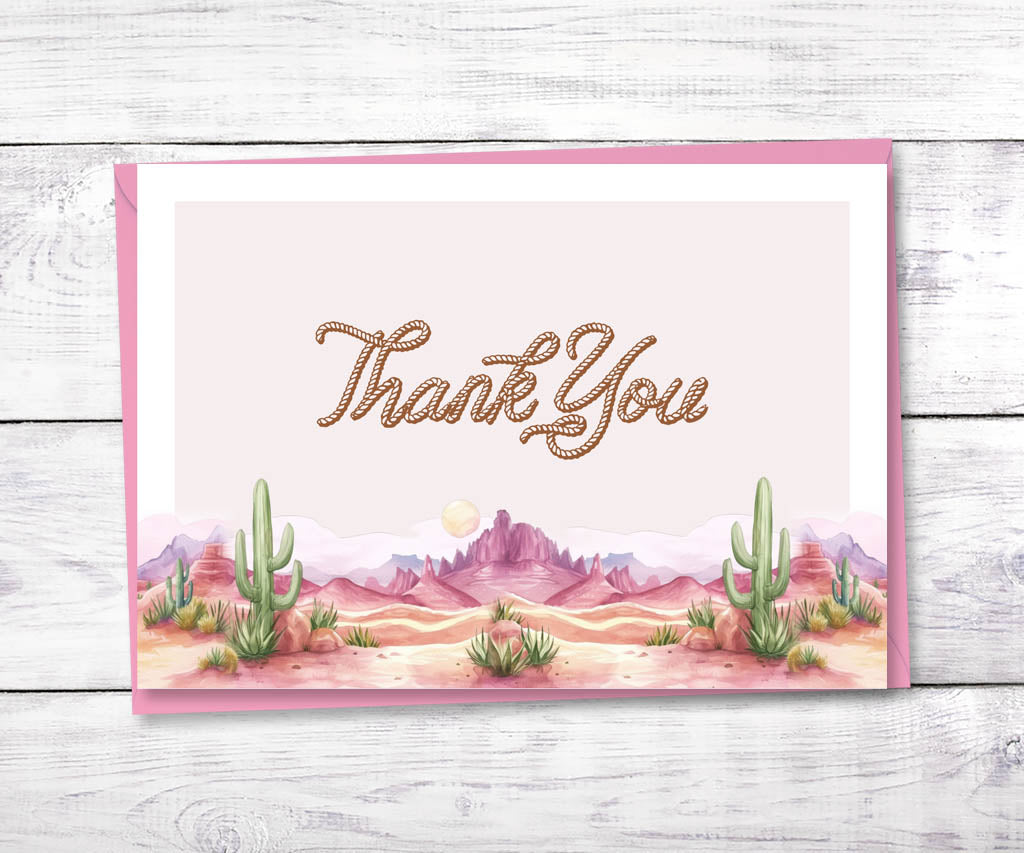 Pink and brown western birthday thank you card with desert landscape.
