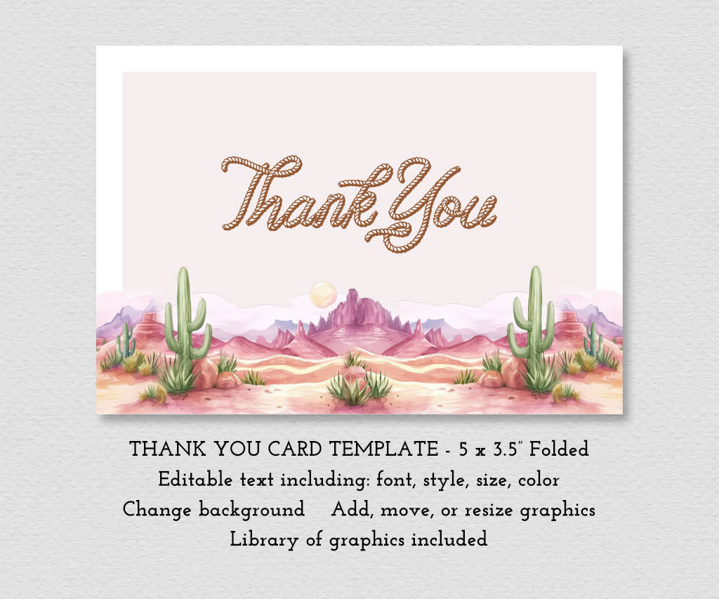Pink and brown western birthday thank you card with desert landscape, editable template.
