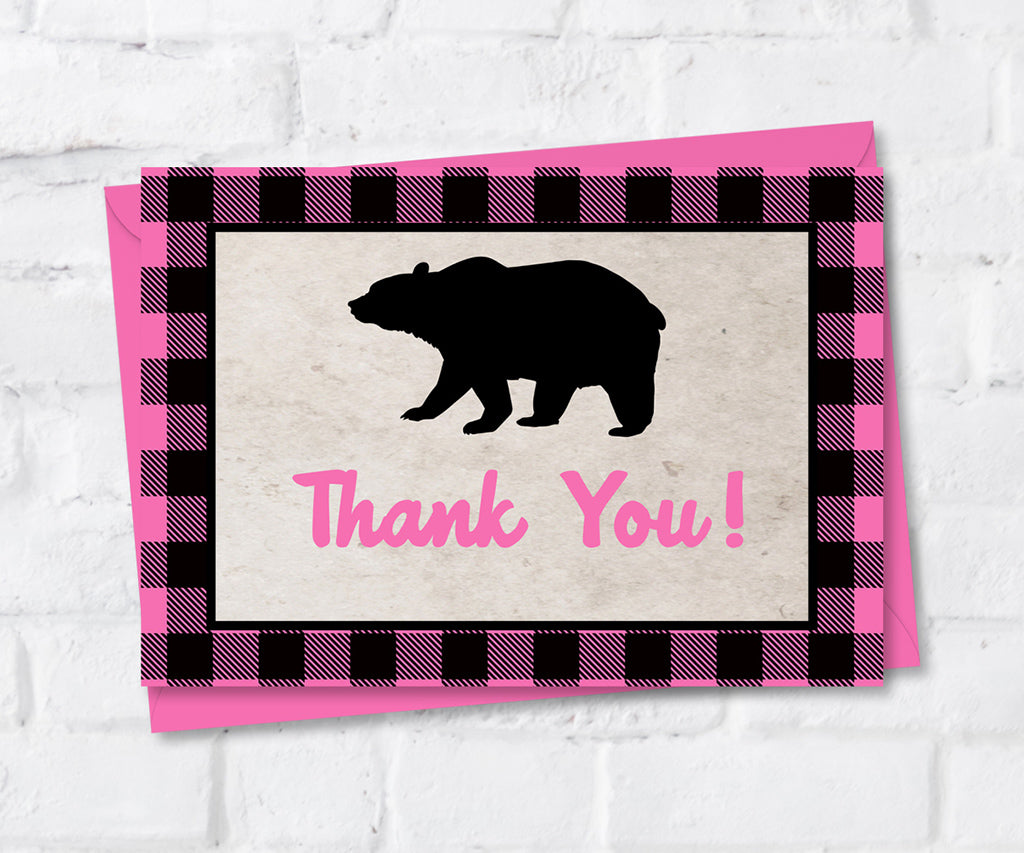 PINK buffalo plaid folded thank you card with bear silhouette.