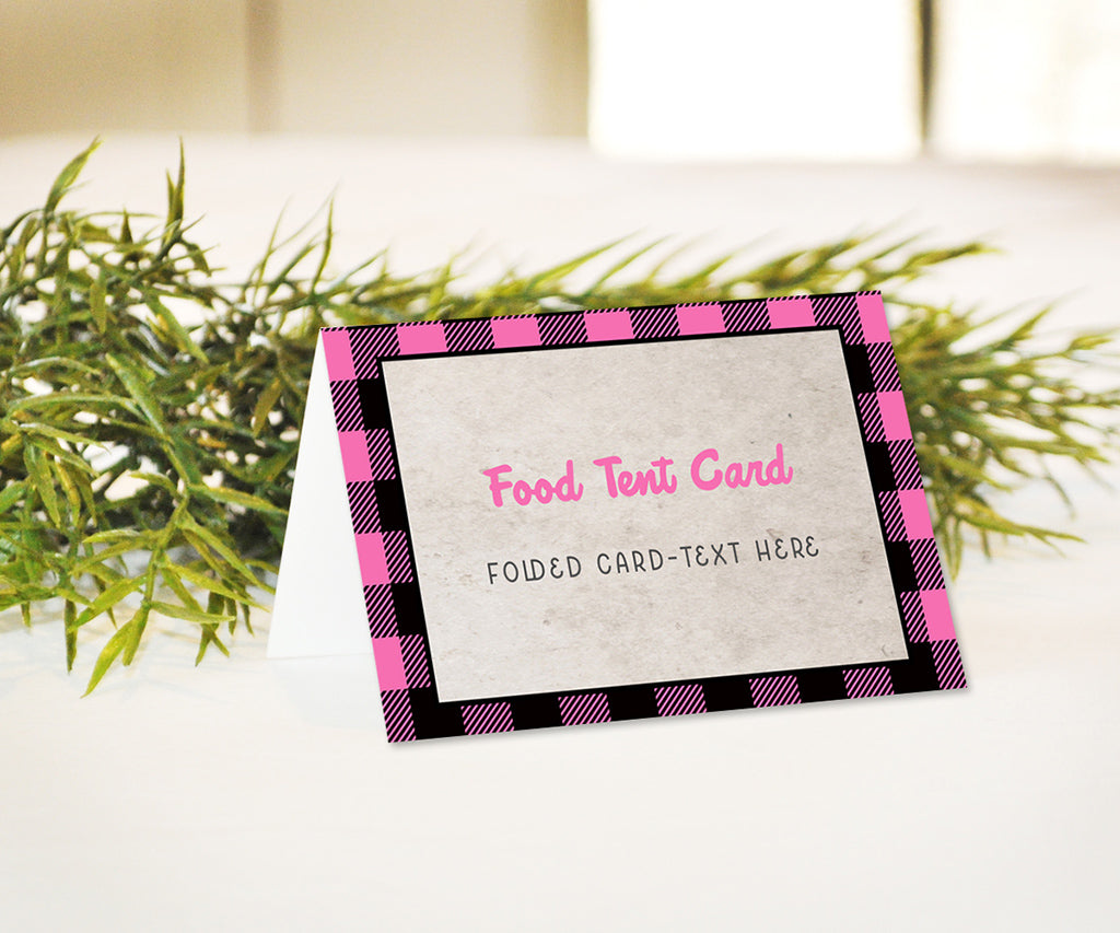 Pink buffalo plaid food tent card.